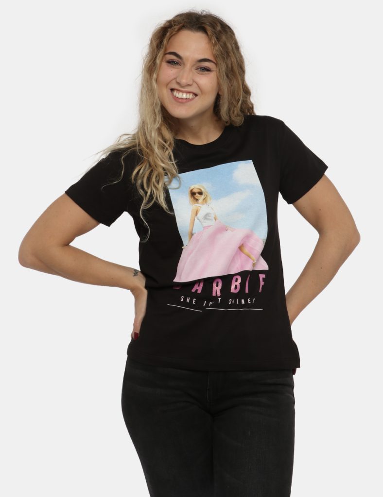 Abbigliamento donna scontato - T-shirt Barbie nera stampata rosa