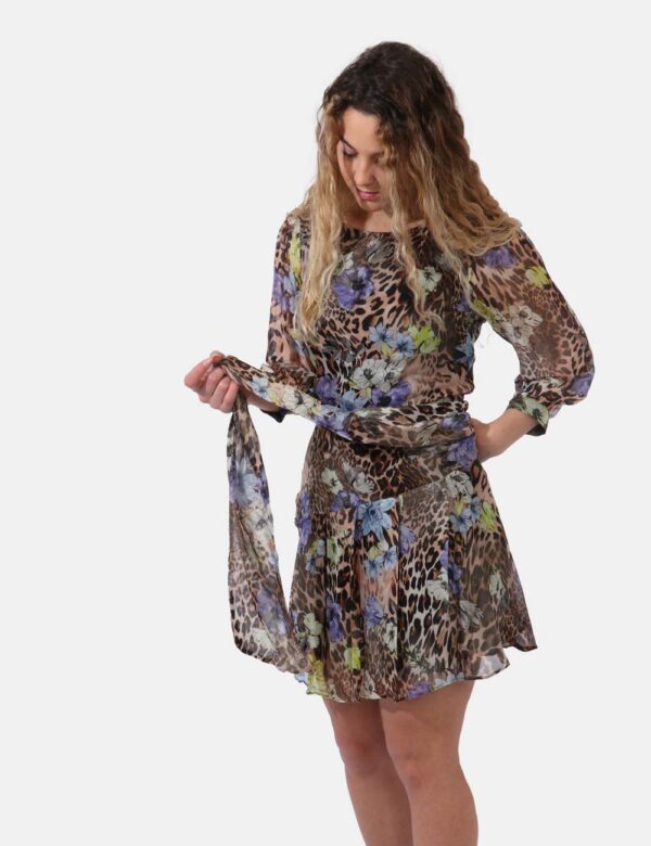 Abito Liu-Jo Fantasia - Vestito in fantasia misto animalier e floreale con tonalità che spaziano dal marrone al viola. Prese