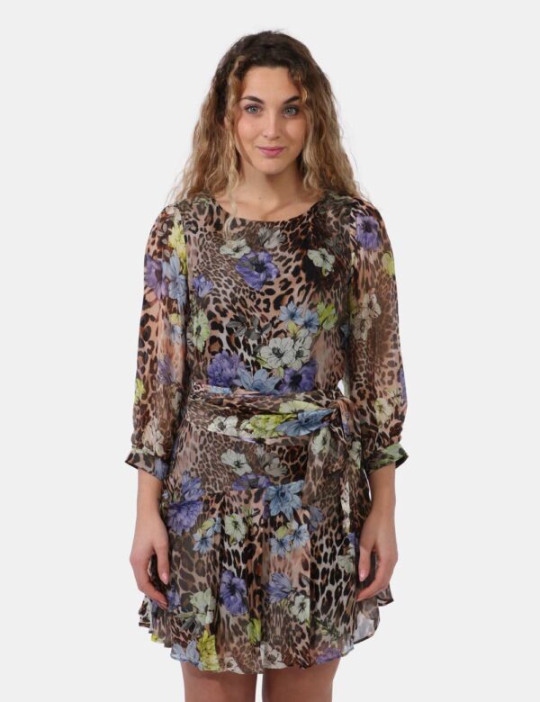 Abito Liu-Jo Fantasia - Vestito in fantasia misto animalier e floreale con tonalità che spaziano dal marrone al viola. Prese