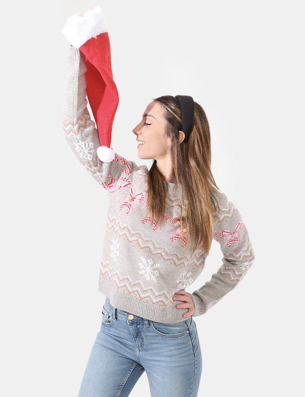 Maglione Vero Moda natalizio con motivo a caramelle e campanellini applicati - 98% acrilico 2% fibre metallicheLa modella in