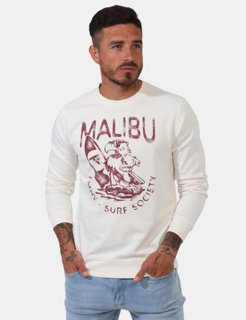 Felpa Fred Mello Bianco - Felpa su sfondo bianco con stampa 'Malibu' in bordeaux. La vestibilità è morbida e regolare. La fe