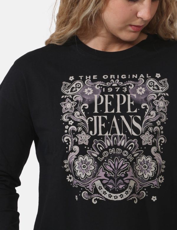 T-shirt Pepe Jeans Nero - T-shirt a maniche lunghe su base nera con stampa centrale in tinta beige e qualche glitter. La ves