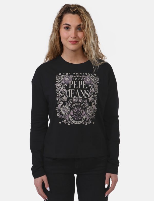 T-shirt Pepe Jeans Nero - T-shirt a maniche lunghe su base nera con stampa centrale in tinta beige e qualche glitter. La ves