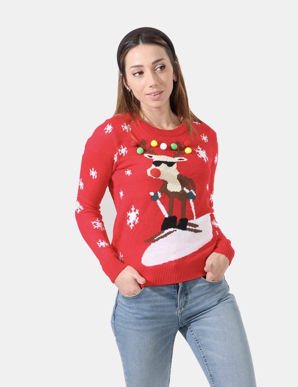 Maglia Vero Moda natalizia con motivo a renna e pon pon applicati - 100% acrilicoLa modella indossa la taglia S e la vestibi