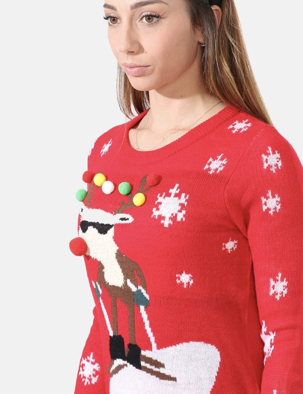 Maglia Vero Moda natalizia con motivo a renna e pon pon applicati - 100% acrilicoLa modella indossa la taglia S e la vestibi