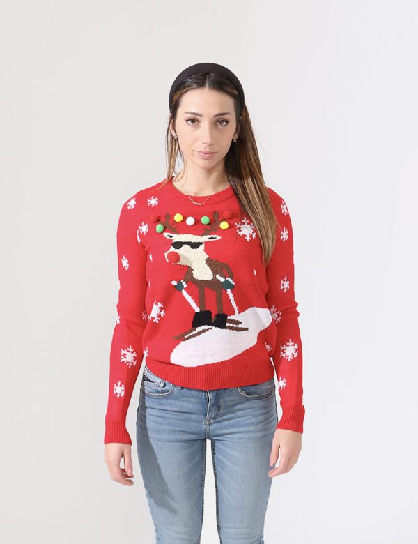 Maglia Vero Moda natalizia con motivo a renna e pon pon applicati - 100% acrilicoLa modella indossa la taglia S e la vestibi