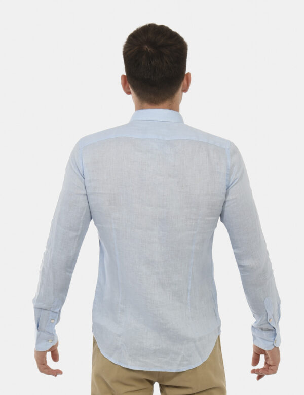 Camicia Yes Zee Azzurro - Camicia in lin celeste con bottoni tipo madreperla. Particolari asola del primo bottone con filo a