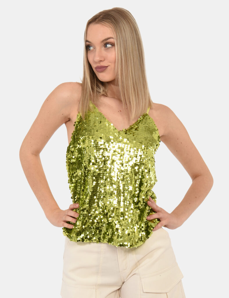 Top Fracomina Verde - Top in total verde lime con paillettes coordinate. Presente scollo profondo e spalline strette regolab