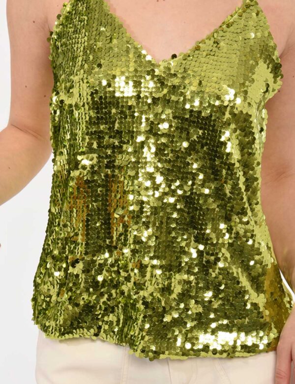 Top Fracomina Verde - Top in total verde lime con paillettes coordinate. Presente scollo profondo e spalline strette regolab