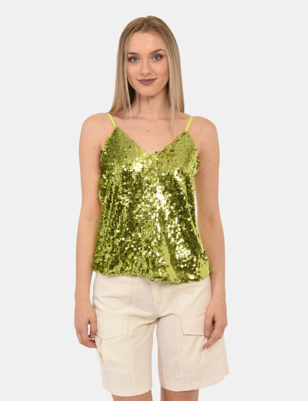Top Fracomina Verde - Top in total verde lime con paillettes coordinate. Presente scollo profondo e spalline strette regolab