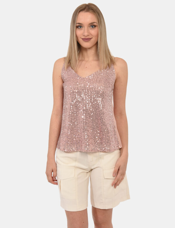 Top Fracomina Rosa - Top in total rosa antico con paillettes coordinate. Presente scollo profondo e spalline strette regolab