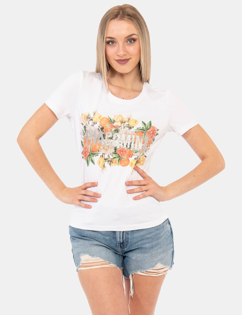 T-shirt Fracomina Bianco - T-shirt su base bianca con colorata stampa centrale floreale arricchita da glitter argentati. La