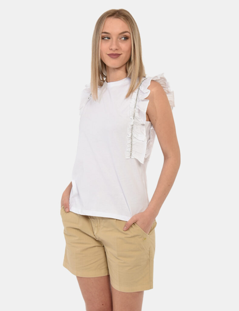 T-shirt Fracomina Bianco - T-shirt a giromanica con volant applicato ed in total bianco. Il capo è caratterizzato da glitter