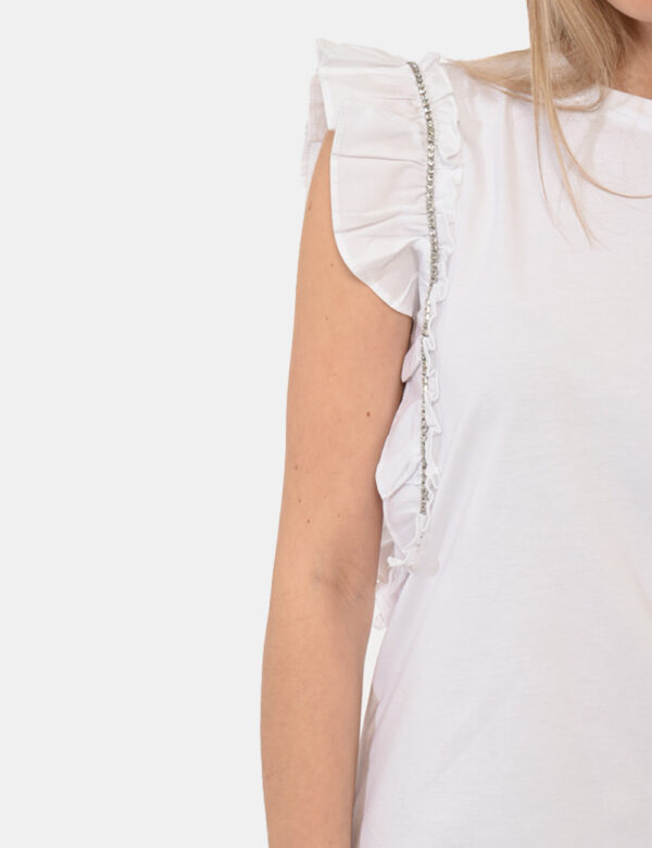 T-shirt Fracomina Bianco - T-shirt a giromanica con volant applicato ed in total bianco. Il capo è caratterizzato da glitter