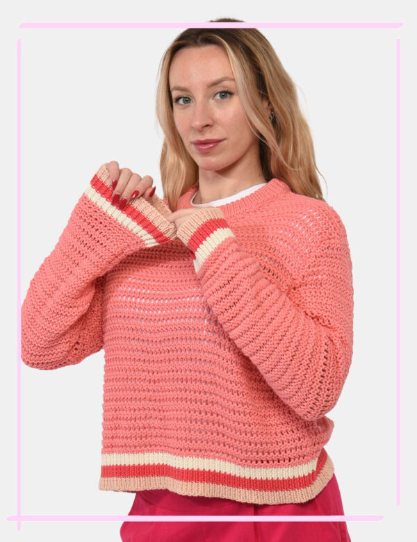 Maglia Sundek Rosa - Maglia a girocollo con trama intrecciata in rosa chiaro e polsini bianchi. La vestibilità è morbida e r