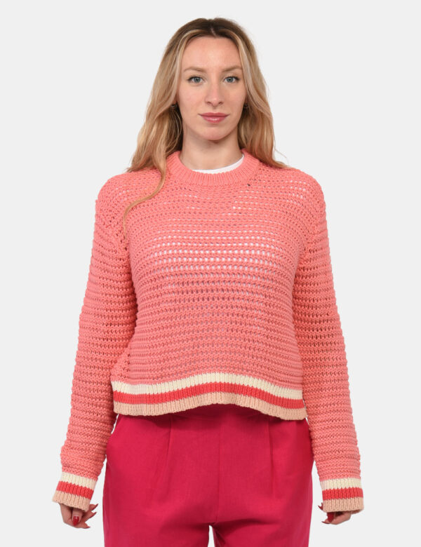 Maglia Sundek Rosa - Maglia a girocollo con trama intrecciata in rosa chiaro e polsini bianchi. La vestibilità è morbida e r