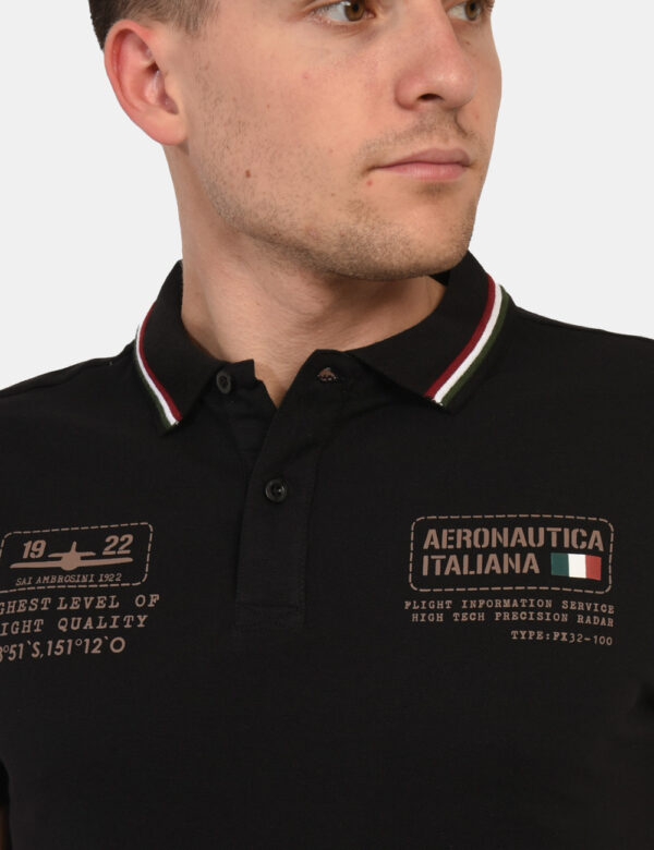 Polo Aeronautica Italiana Nero - Polo classica in nero con logo brand ad altezza cuore in beige perfettamente coordinato ad