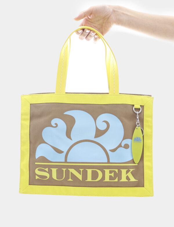 Borsa Sundek Beige - Colorata borsa mare in tela ed in tinta beige e giallo fluo, più logo brand in azzurro. L'interno è cap
