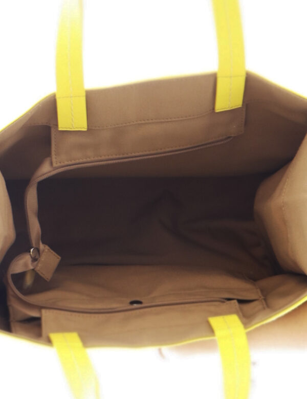 Borsa Sundek Beige - Colorata borsa mare in tela ed in tinta beige e giallo fluo, più logo brand in azzurro. L'interno è cap