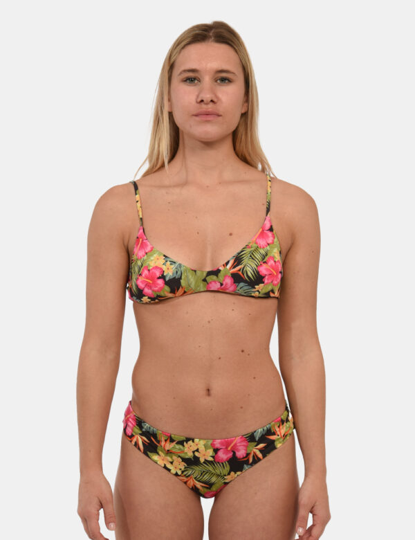 Slip Sundek Fantasia - Slip costume modello brasiliana su base nera con stampa allover floreale in tonalità verde, giallo e
