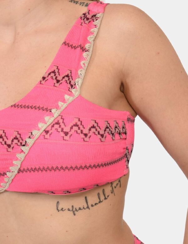 Bikini F**K Rosa - Costume modello bikini a fascia, monospalla, più slip brasiliana su base rosa shocking e fantasia marrone