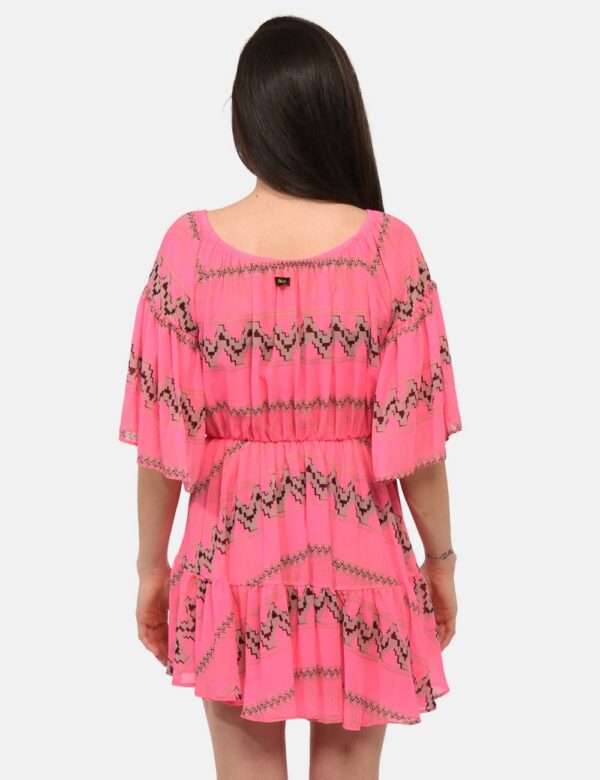 Abito F**K Rosa - Vestito leggero su base rosa shocking con fantasia marrone. Presenti maniche a trequarti ampie e scollo a