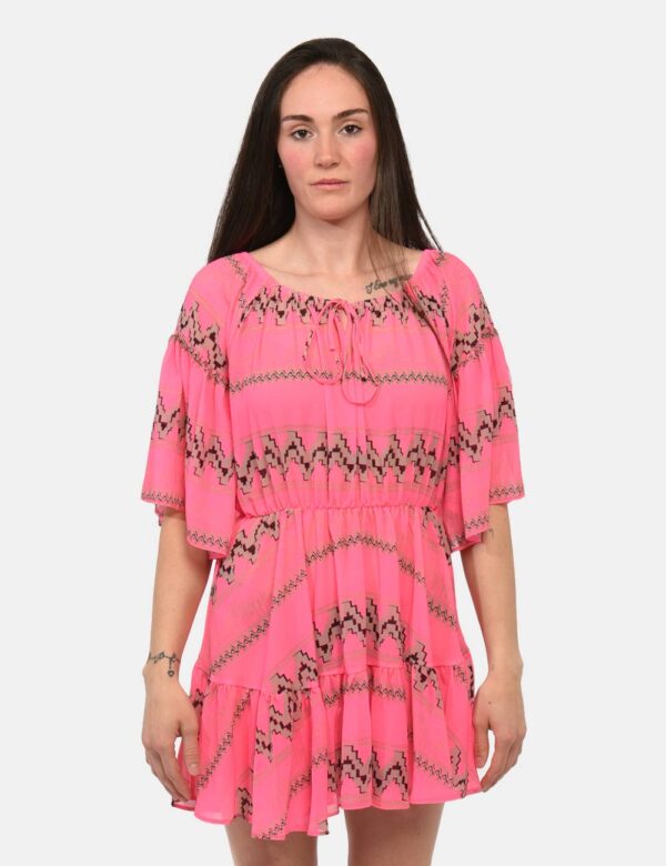 Abito F**K Rosa - Vestito leggero su base rosa shocking con fantasia marrone. Presenti maniche a trequarti ampie e scollo a