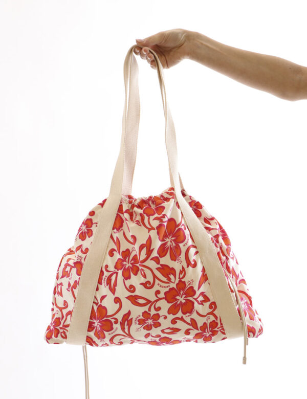 Borsa Sundek Arancione - Borsa mare in tessuto su base bianca con stampa allover floreale arancione e rosa. L'interno è capi