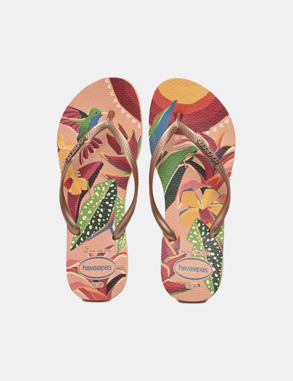 Infradito Havaianas Fantasia - Ciabatte modello infradito su base tropicale tendente all'arancione pesca e stringa a Y in br
