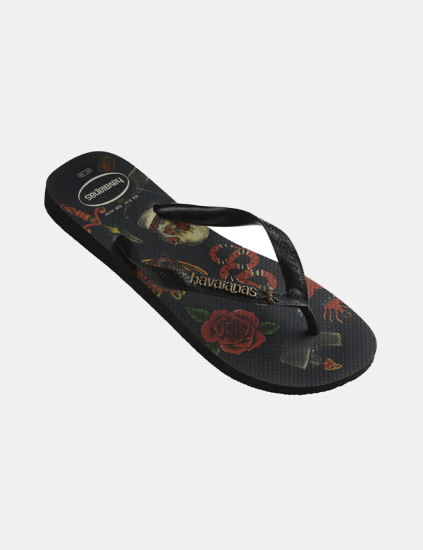 Infradito Havaianas Nero - Ciabatte modello infradito su base nera con stampa rose e teschi in bianco e rosso più stringa a