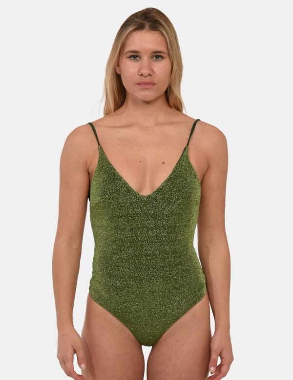 Costume intero Sundek Verde - Costume intero su base verde foresta con filo lurex allover dorato. Presenti spalline strette,