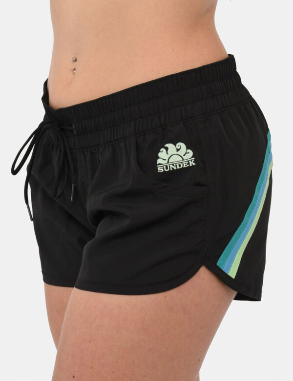Shorts Sundek Nero - Shorts da spiaggia in total nero con righe azzurre sul retro. Presenti tasche a taglio trasversale. La