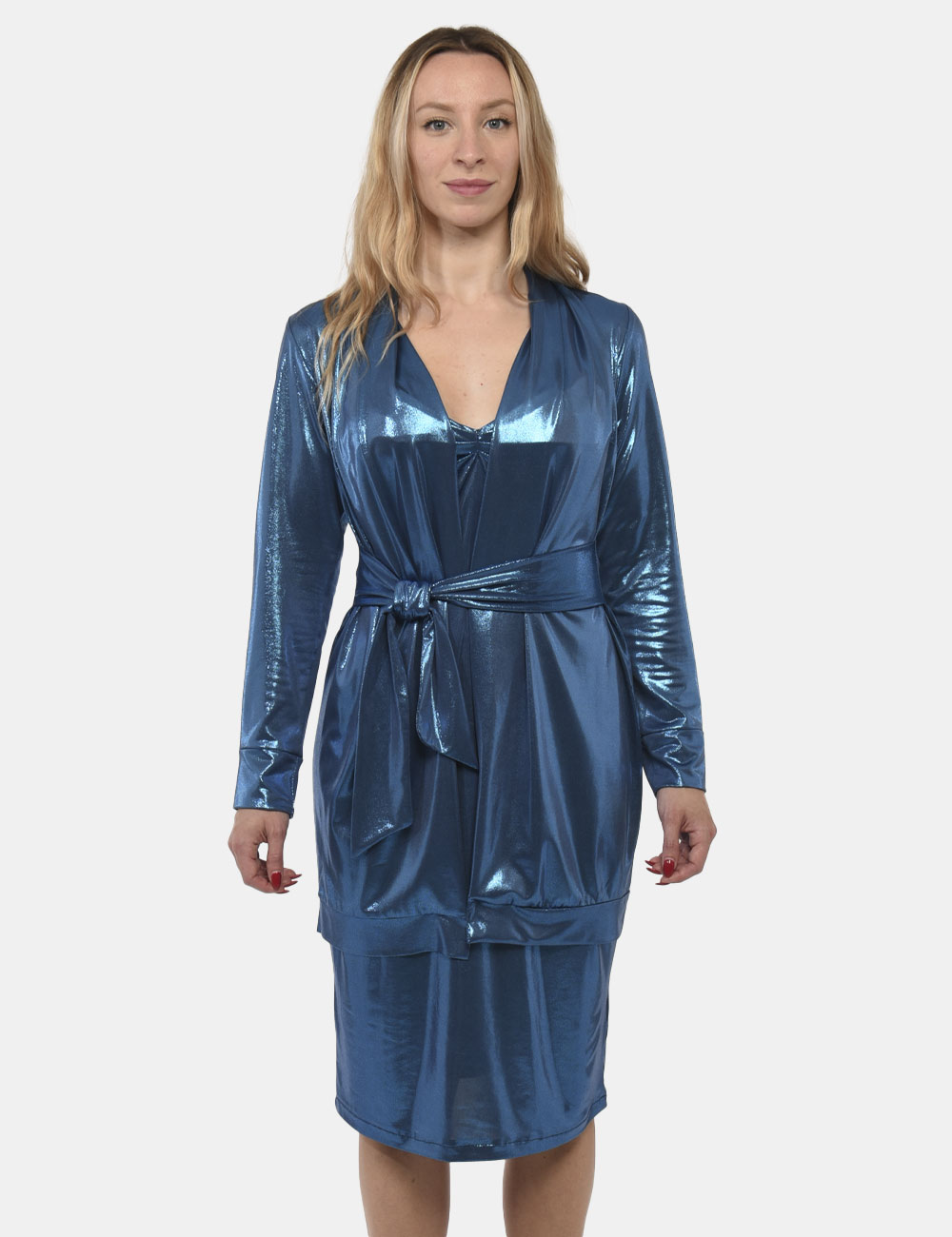 VASCO-OU_BLU_PE24_4 Blusa Vougue Azzurro - Blusa simil blazer morbido in total azzurro patinato. La vestibilità è pratica e regolabile grazie a