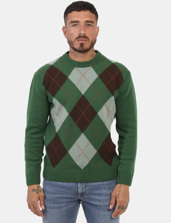 Maglione Gant Verde - Maglione in lana con girocollo classico. Il capo si sviluppa in total verde con fantasia a riquadri su