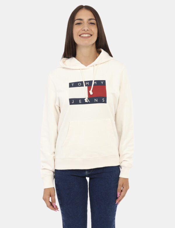 Felpa TOMMY HILFIGER Bianco - Felpa classica con cappuccio in total bianco panna con stampa logo brand più polsini e tascone
