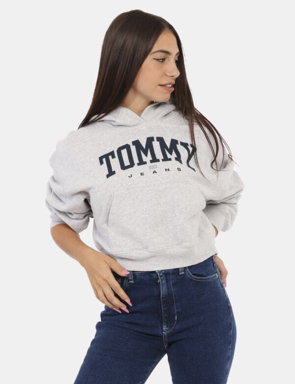 Felpa TOMMY HILFIGER Grigio - Felpa classica con cappuccio in total grigio chiaro con logo brand centrale in blu. Presente t