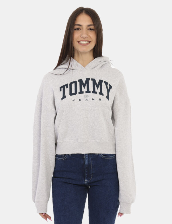 Felpa TOMMY HILFIGER Grigio - Felpa classica con cappuccio in total grigio chiaro con logo brand centrale in blu. Presente t