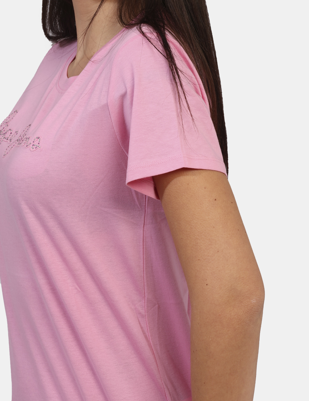 ESPE-PL505896-ov_COLLEGE-PINK_AI24_3 T-shirt Pepe Jeans Rosa - T-shirt corta in total rosa intenso con stampa logo brand in glitter. La vestibilità è morbida e r
