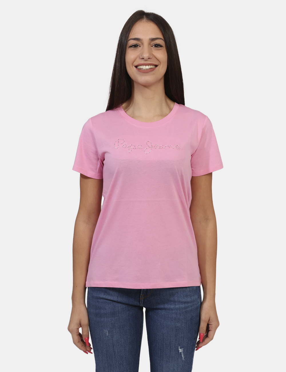 ESPE-PL505896-ov_COLLEGE-PINK_AI24_4 T-shirt Pepe Jeans Rosa - T-shirt corta in total rosa intenso con stampa logo brand in glitter. La vestibilità è morbida e r