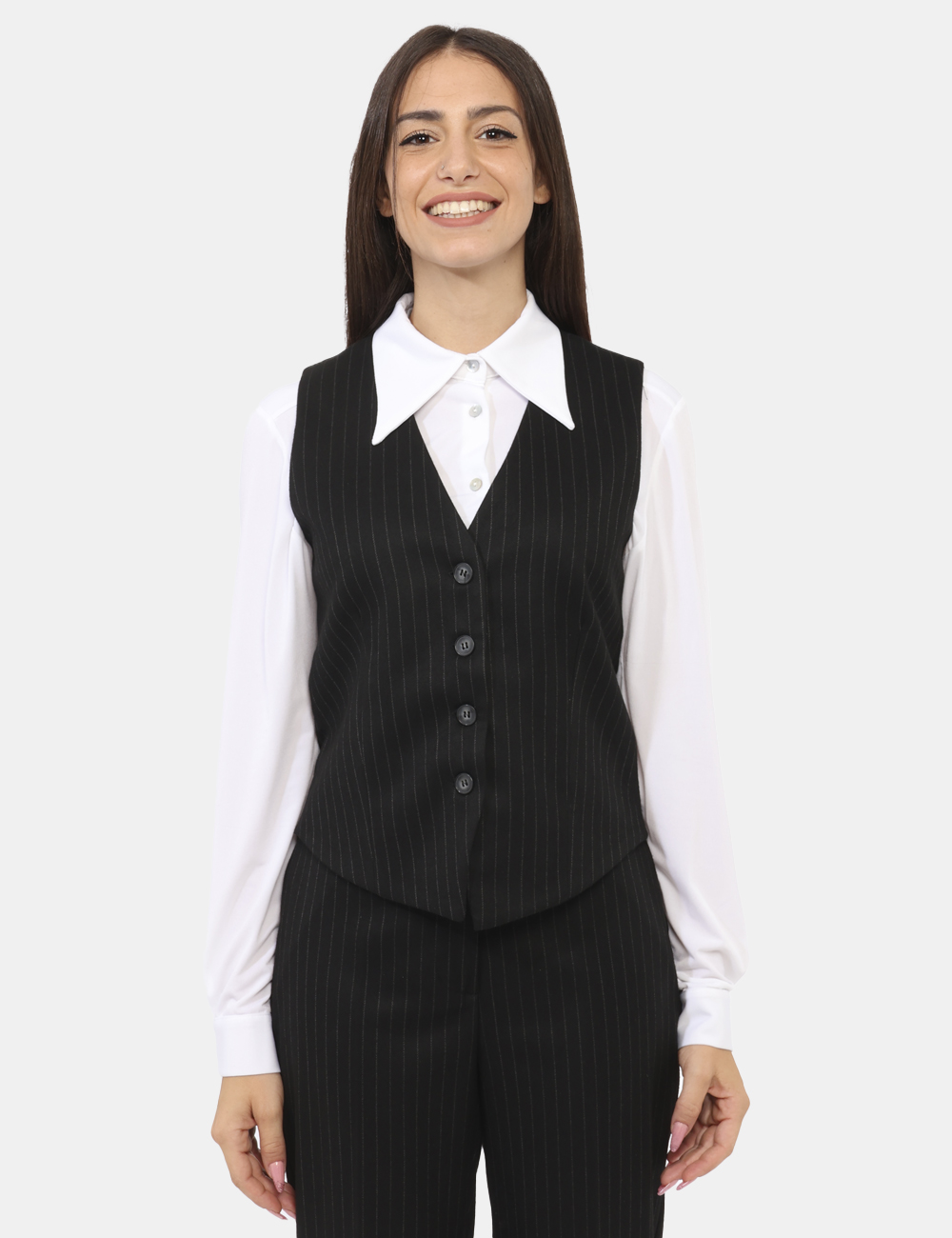 GT54GES-OV_NERO_AI24_5 Gilet Materica Nero - Gilet classico in total nero gessato bianco. La vestibilità è morbida e pratica grazie a bottoni ad as