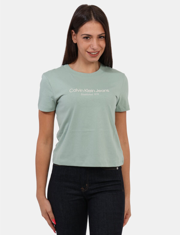 T-shirt Calvin Klein Verde - T-shirt classica, corta, su base verde chiaro con stampa logo brand in bianco. La vestibilità è