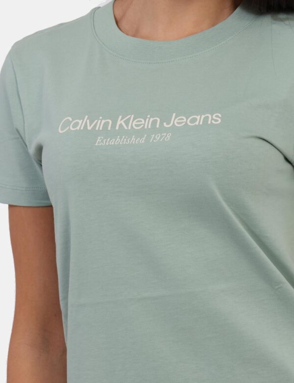 T-shirt Calvin Klein Verde - T-shirt classica, corta, su base verde chiaro con stampa logo brand in bianco. La vestibilità è