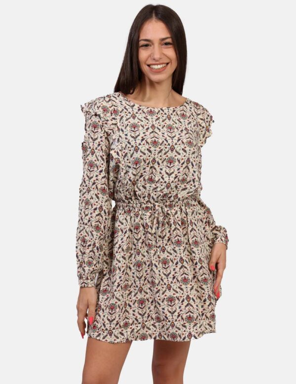 Vestito Pepe Jeans Beige - Vestito corto a maniche lunghe su base bianco panna con stampa allover in tinta azzurro/rosa. Pre
