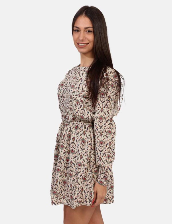 Vestito Pepe Jeans Beige - Vestito corto a maniche lunghe su base bianco panna con stampa allover in tinta azzurro/rosa. Pre