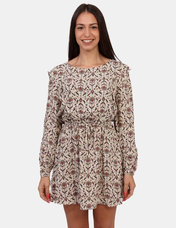 Vestito Pepe Jeans Beige - Vestito corto a maniche lunghe su base bianco panna con stampa allover in tinta azzurro/rosa. Pre