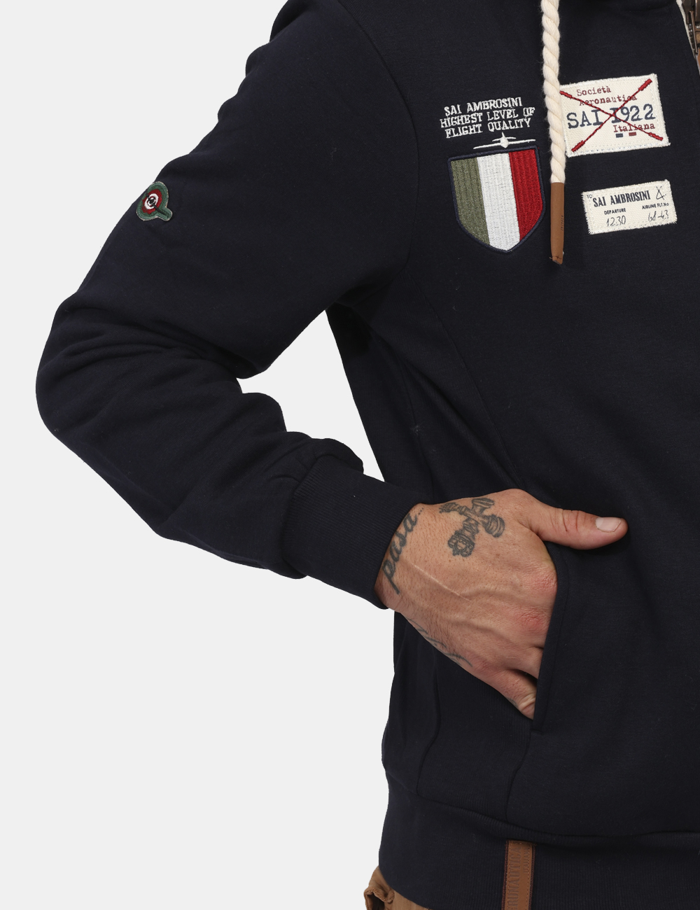 ARI4FP033569U-OV_BLU_AI24_5 Felpa Aeronautica Italiana Blu - Felpa con cappuccio in total blu navy con vari patch in tinta coordinata che richiamano il