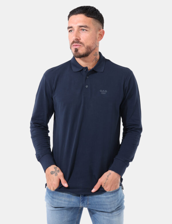 Polo Gas Blu a manica lunga - Polo a maniche lunghe in total blu navy con logo brand ricamato ad altezza cuore in tono su to