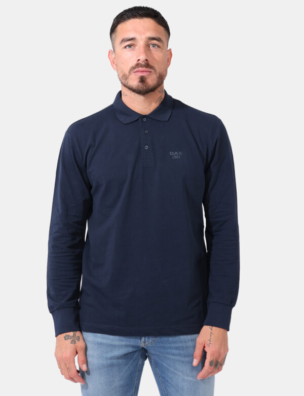 Polo Gas Blu a manica lunga - Polo a maniche lunghe in total blu navy con logo brand ricamato ad altezza cuore in tono su to