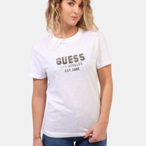 T-shirt Guess Bianco - T-shirt su base bianca con stampa in rilievo logo brand arricchita da glitter. La vestibilità è morbi