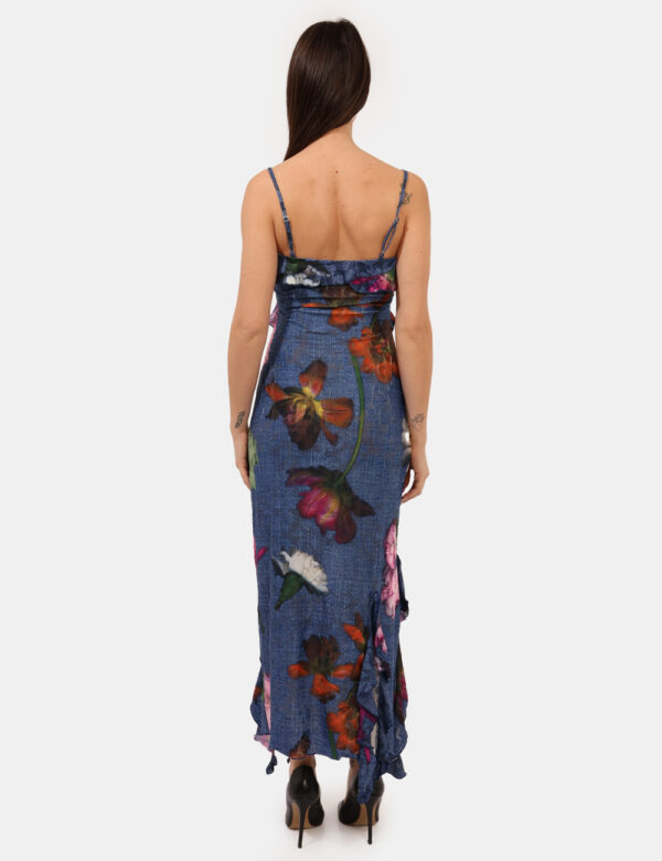 Vestito Desigual Blu - Vestito lungo con spalline strette, su base blu con fantasia floreale in tonalità coordinata più fril